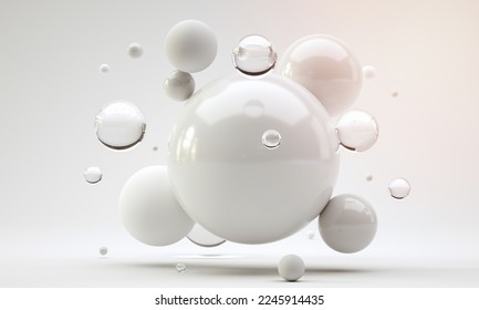 3D Illustration. Shiny balls with different size on pink color background. Abstract background concept.