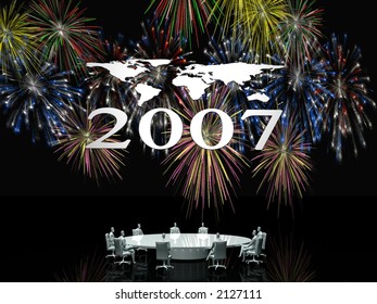 3D illustration, wallpaper, background. New year 2007 colorful fireworks  explosions.