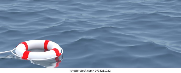 3D illustration.White Lifebuoy in ocean  Emergency lifesaver buoy in water. Saving Lives . Lifeguard equipment with rope floating in sea. lifeguard.3D Render 