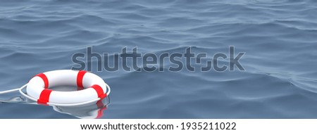 3D illustration.White Lifebuoy in ocean  Emergency lifesaver buoy in water. Saving Lives . Lifeguard equipment with rope floating in sea. lifeguard.3D Render 