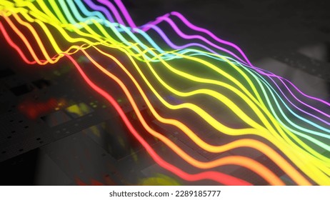 3D ilustration of rainbow light streaks glowing and reacting to the beat - Shutterstock ID 2289185777