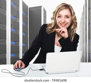 3d Image Of Datacenter With Lots Of Server And Woman At Work