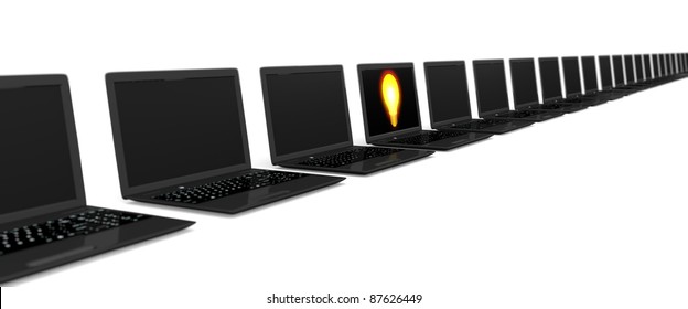 3d Image Of A Lot Of Laptops In A Row With One Laptop Showing A Light Bulb On The Display