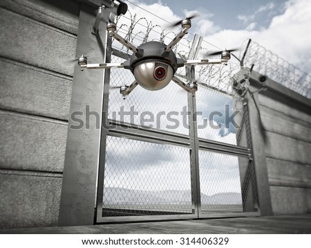 3d image of security border line gate with razor wire and drone
