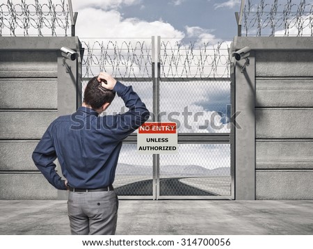 3d image of security border line gate with razor wire