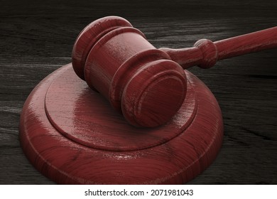 3D Judge Gavel On Wooden Table Background. Judge Or Auction Hammer - Court Judgment, Guilty Verdict Or Auction Trade Concept. 3D Render.