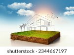 3D land sign against lawn on cubicle soil and geology cross section with green grass, ground ecology isolated on light color real estate sale, property investment concept. 3d illustration