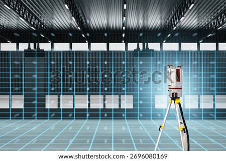 3D laser scanning captures the structure of an industrial hall, using surveying equipment for precise measurement, digital modeling, and construction planning.