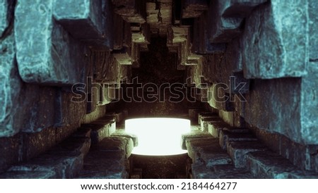 3D Light neon podium in Stone Ornament On Wall Of Old Temple with grass. 3D Rendering. Sunlight and neon light. Showcase and product stage background.