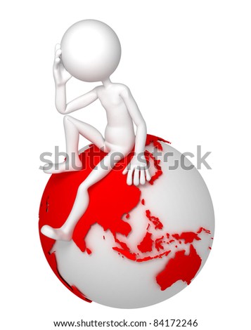3d man sitting on Earth globe in a thoughtful pose. Asian and Australian side. Isolated white background