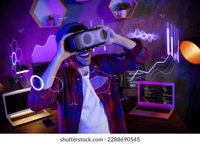 3d metaphor holographic collage of geek programmer working on internet safety using futurism goggles at night office