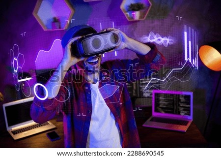 3d metaphor holographic collage of geek programmer working on internet safety using futurism goggles at night office