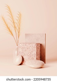 3d Minimal Granite Cube Display Podiums With Dried Grass And