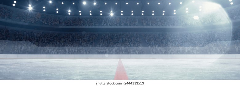 3D model of empty ice rink stadium arena for sportive competition, championship. Stadium with filled stands with sports hockey fans. Concept of sport, competition, match, game, action, tournament