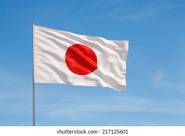 3d model of a waving Japanese flag. Blue sky background.