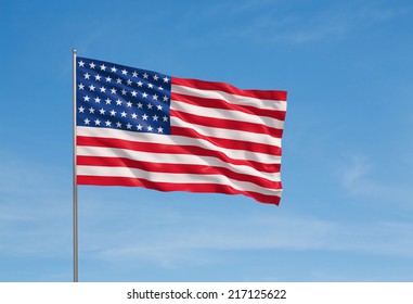 3d Model Of A Waving USA Flag. Blue Sky Background. 