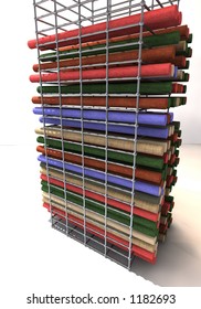  3D Modeled stack of fabric on metal shelves