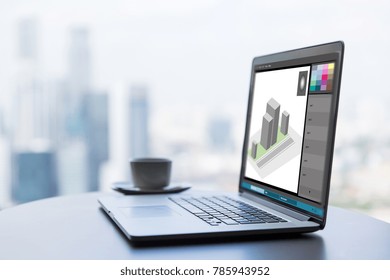 3d Modeling, Technology, Computer Graphics And Design Concept - Laptop Computer With Model In Graphics Editor On Screen