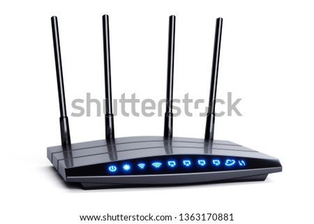 3d modern wireless wi-fi black router with four antennas and blue indicators isolated on white. High speed internet connection, firewall network and telecommunication technology concept. 2,4 and 5 ghz
