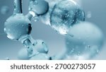 3D molecular model with translucent spheres and connecting bonds on a soft blue gradient background. Clean and futuristic scientific design.