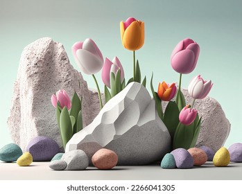 3D. Natural stone podium and pink tulips flowers leaves. soft. Product presentation. luxury mockup 3d render advertisement copy space mockup. mother woman day. event jewellery	