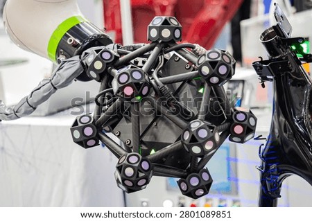 3D object scanner for industry. quality control and inspection scanning of vehicle part in the automotive industry scanner robotic arm measure the accuracy of automotive parts. in industrial plants 