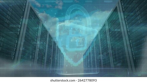 3D padlock hovering in data center corridor, with server racks, binary streams and gridline overlay. Technology, cybersecurity, futuristic, digital, industrial, innovation, network