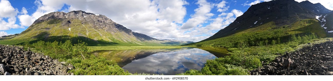 3d Panorama. Sarek National Park. North Of Sweden. The Nature Of The Polar Circle. Mountain Wild Landscape. Beautiful Natural Background. Can Be Used For Architectural Visualization     