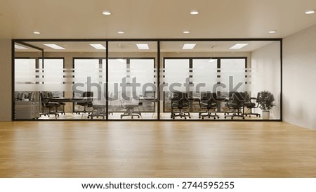 3D panorama view inside office with meeting room skyscraper..
