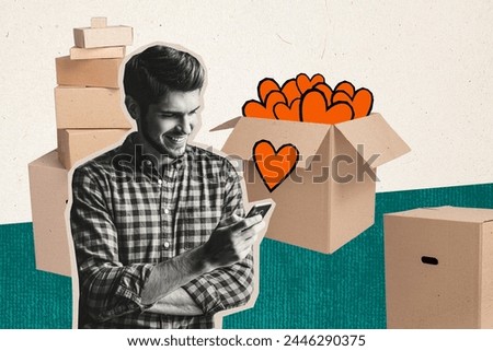 3D photo collage composite artwork sketch of black white smiled guy hold smartphone in hand behind social help charity box with heart