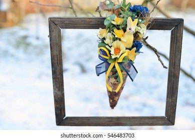 3d Picture In Nature. Dried Flowers In A Very Old Photo Frame, Hanging In A Tree