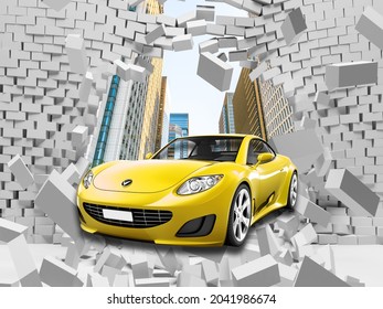 3d picture of a yellow car in a destroyed wall for digital printing wallpaper, custom design wallpaper