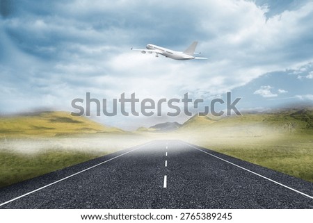 3D plane taking off over street
