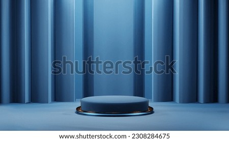 3d podium blue background and fabric curtain with spotlight luxury