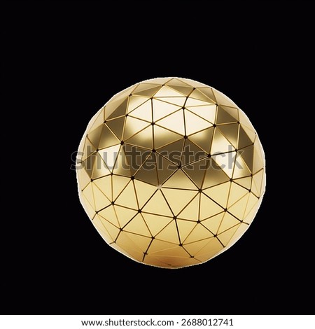 3D polygonal gold sphere with complex geometric design. Ideal for tech branding, luxury backgrounds, or abstract visuals.