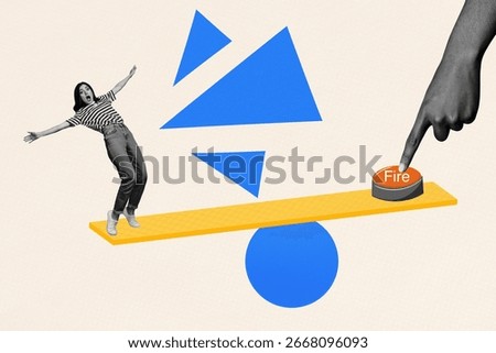 3d poster image full pop art collage of shocked businesswoman stand carouse fired button hand push redundancy unemployment.