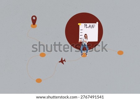3d poster image full pop art collage of happy girl guy stand map route gps plane arrival summer vacation travel weekend relax.