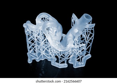 3D Printed Human Heart Prototype Close-up. Object Photopolymer Printed On Stereolithography 3D Printer. Technology Of Liquid Photopolymerization Under UV Light. New 3D Printing Technology For Medicine