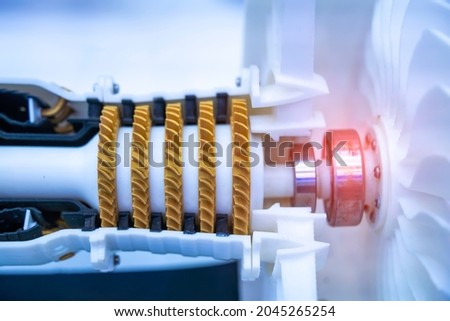 3d printed jet engine scale model. High bypass aircraft turbofan plastic replica.