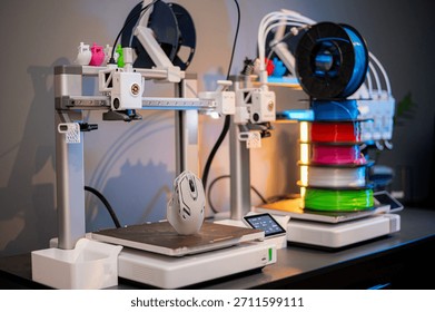 3D printer. Blank Empty 3D printer. 3D printer not working. Blank clean 3D printer desktop without printing process.