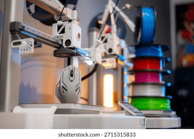 3D printer. Blank Empty 3D printer. 3D printer not working. Blank clean 3D printer desktop without printing process.