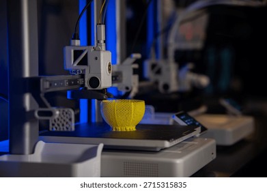 3D printer. Blank Empty 3D printer. 3D printer not working. Blank clean 3D printer desktop without printing process.