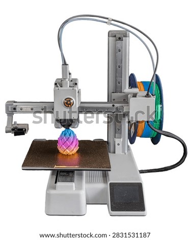 3D printer creating gradient object, vibrant colors, professional setup, smooth finish, modern technology, precision engineering, clean workspace, bright lighting, metallic and plastic construction