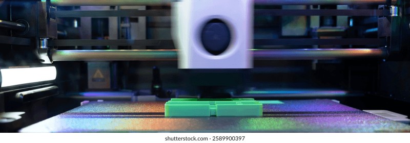 A 3D Printer Operates, Layering Materials to Create a Detailed Object. The Workspace Features Advanced Technology and Colorful Lighting, Enhancing Creativity and Innovation.