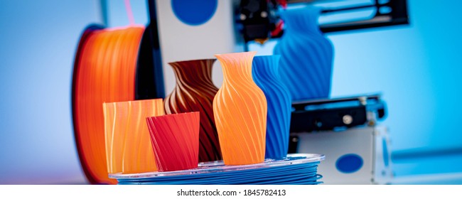 3D Printer Plastic filament for 3D printer and printed products in the interior of the design office