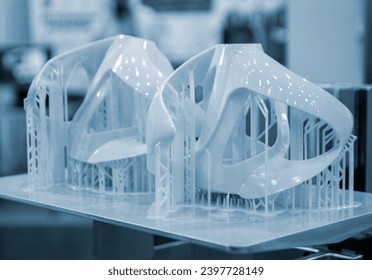 3D printer working process. 3D printing. Stereolithography photopolymerization SLA. Additive manufacturing technology. Liquid materials, hard part, creating layers. 3D model ultraviolet polymerization