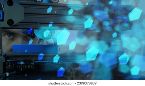 3d printing concept, with a man watching from behind. Photomontage in shades of blue. - Powered by Shutterstock