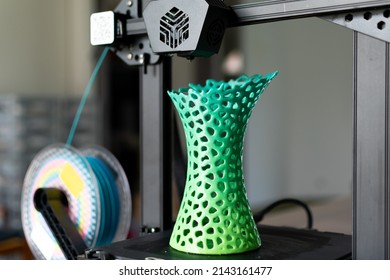 3d printing of a vase with multicolored pla filament - Shutterstock ID 2143161477