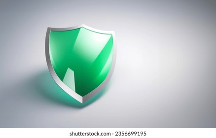 A 3D protection concept with a shield on a green background. Green shield icon