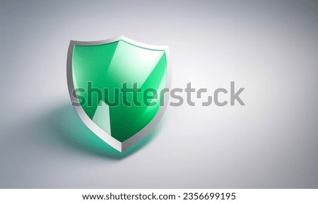 A 3D protection concept with a shield on a green background. Green shield icon